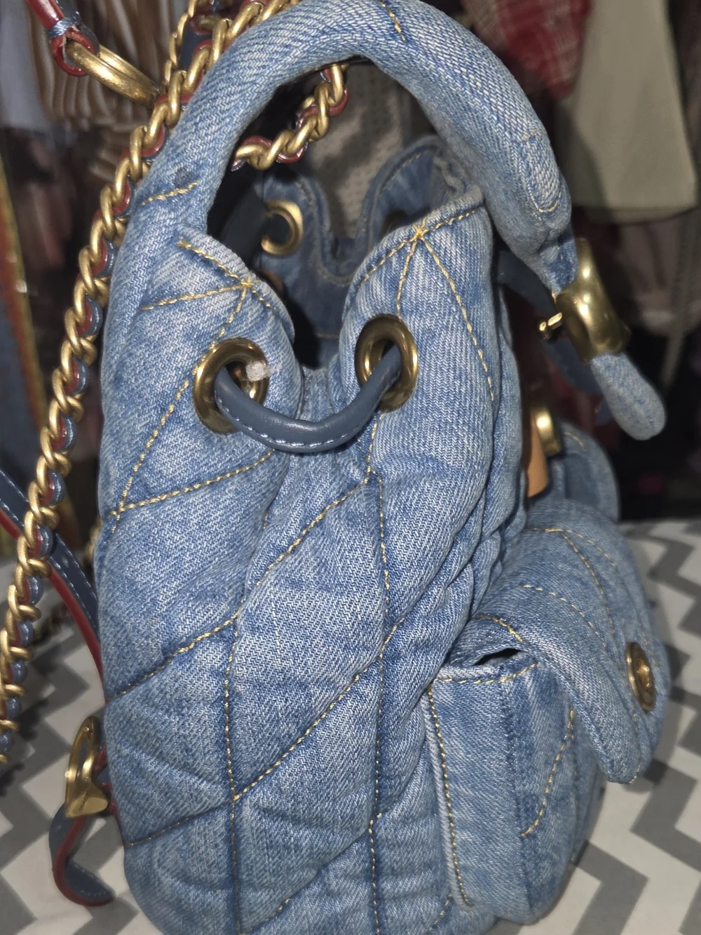 Coach  Tabby Quilted Denim Drawstring Backpack - Blue
